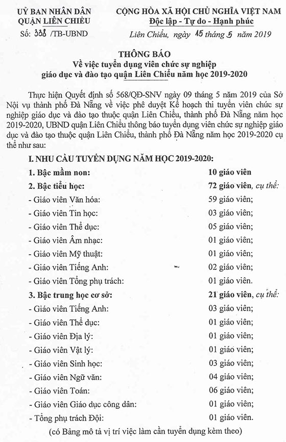 Tuyển dụng viên chức giáo dục năm học 2019 tại Quận Liên Chiểu Đà Nẵng Tuyển dụng viên chức giáo dục năm học 2019 tại Quận Liên Chiểu Đà Nẵng
