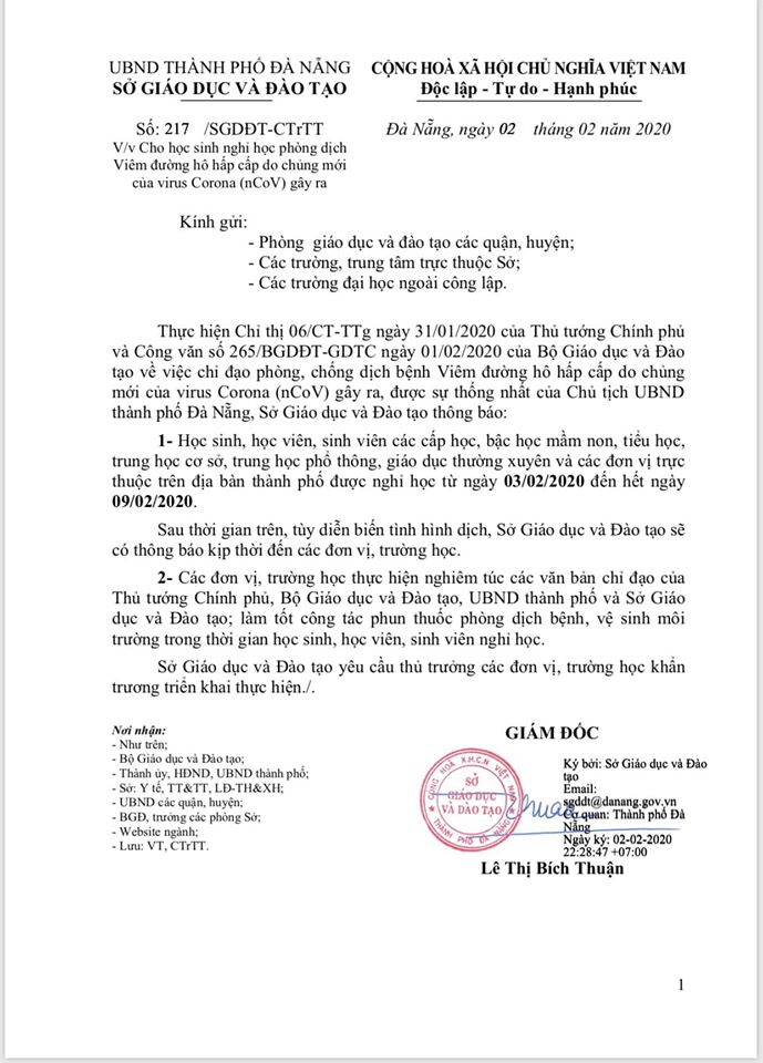 THÔNG BÁO NGHỈ HỌC PHÒNG TRÁNH DỊCH VIÊM ĐƯỜNG HÔ HẤP CẤP (CORONA) THÔNG BÁO NGHỈ HỌC PHÒNG TRÁNH DỊCH VIÊM ĐƯỜNG HÔ HẤP CẤP (CORONA)